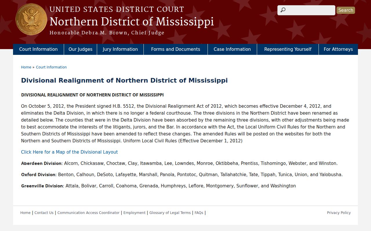 Northern District of Mississippi map identifying the Oxford Division