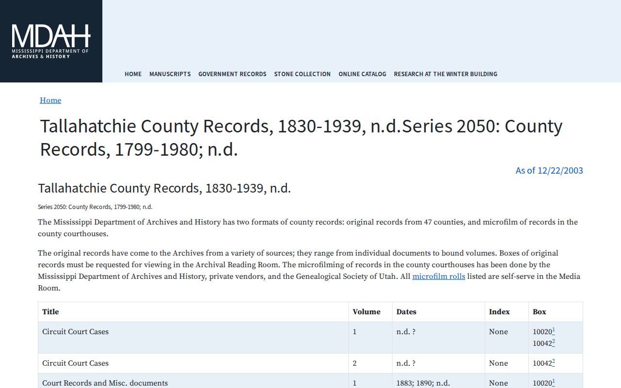 Mississippi Department of Archives and History Tallahatchie government records guide