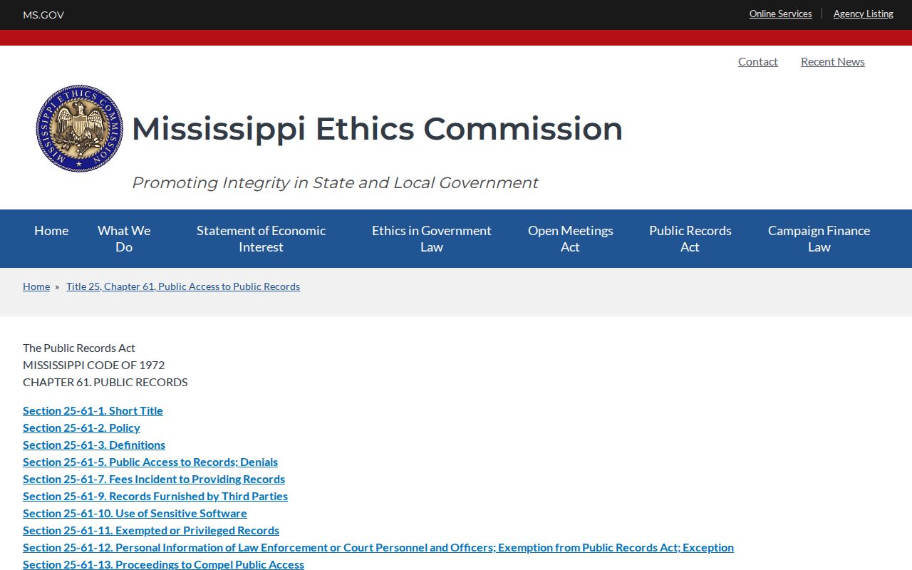 Mississippi Public Records Act information page for court-record access context
