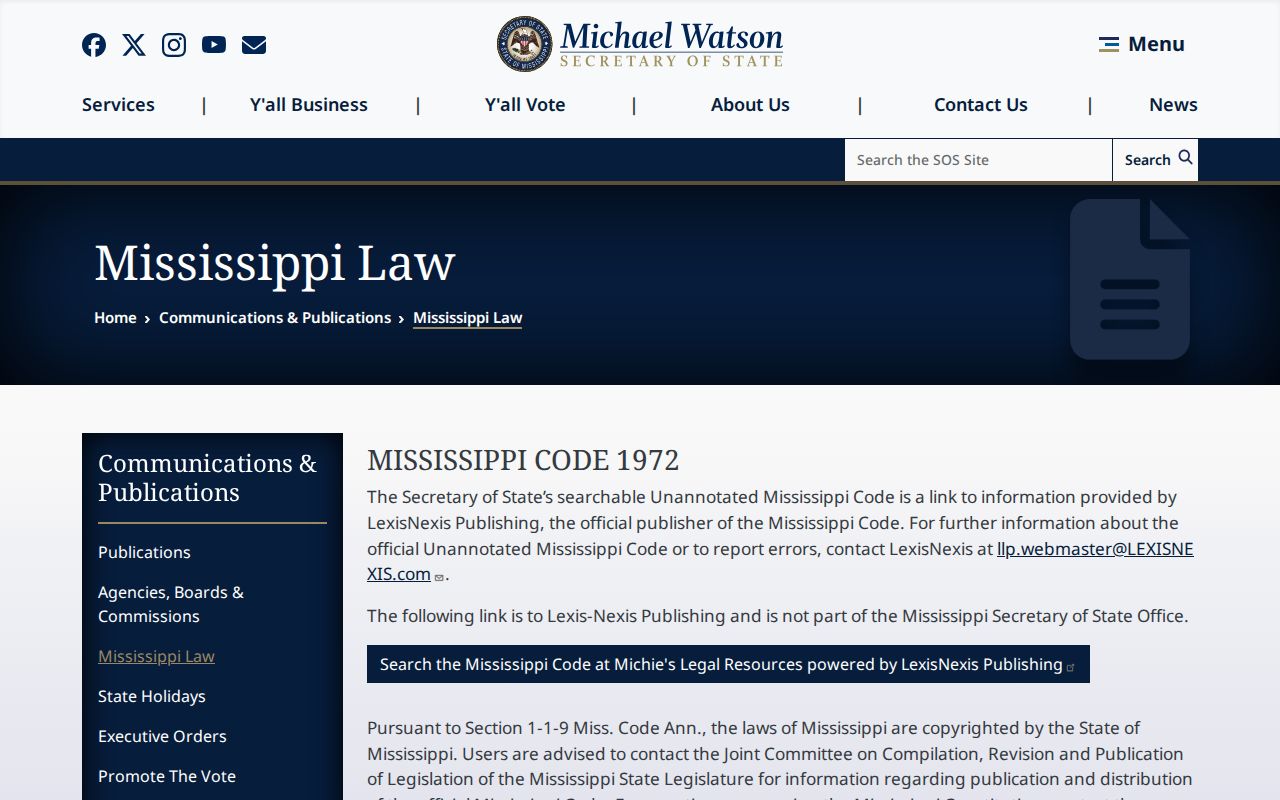 Mississippi Secretary of State law information page directing users to official Code resources