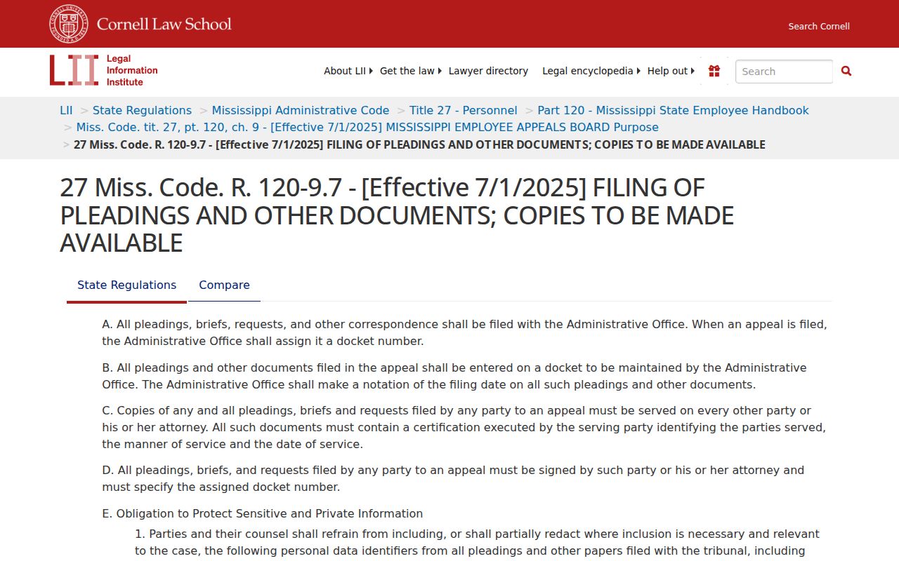 Mississippi administrative redaction rule reference for protected court filing information