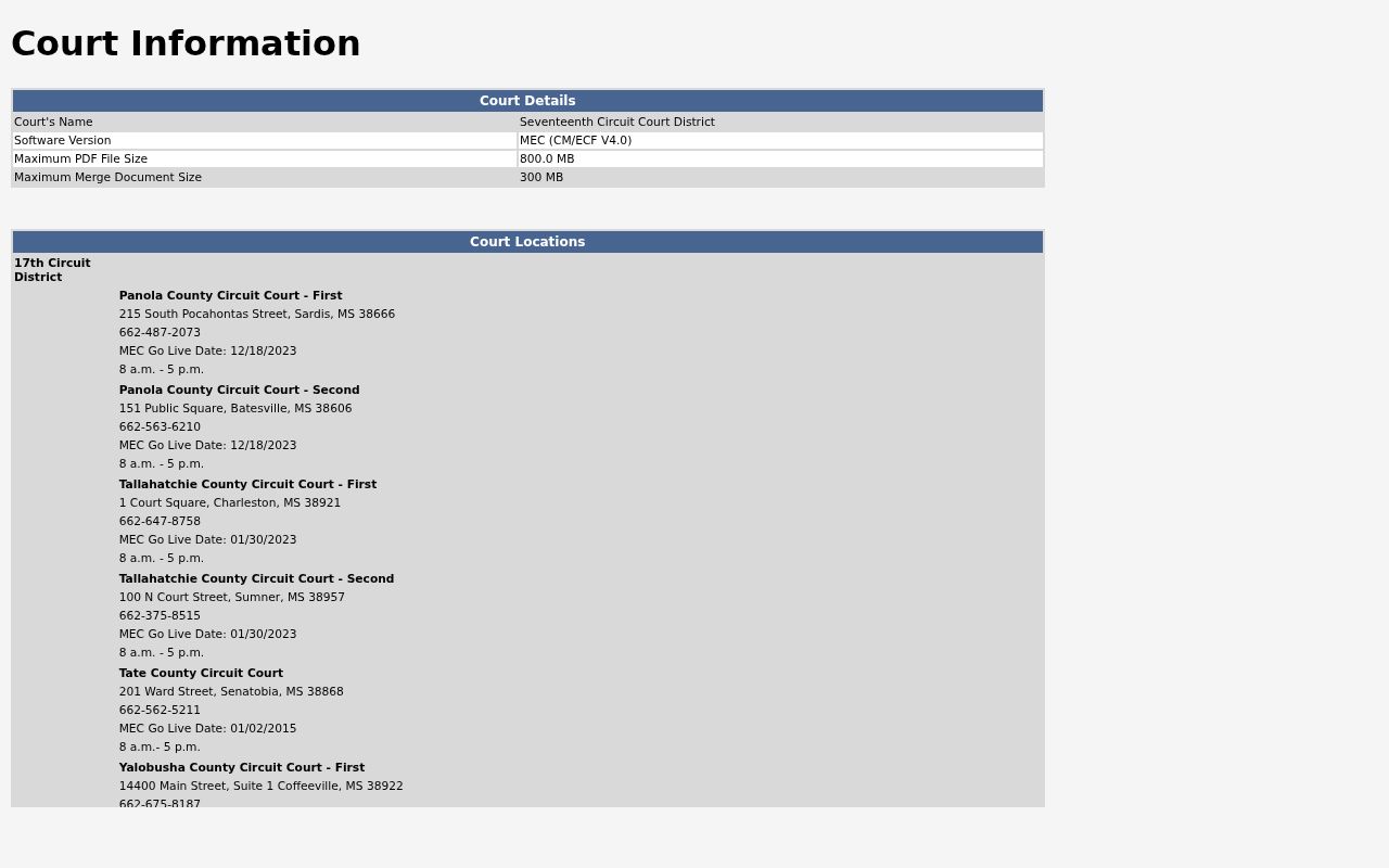 Seventeenth Circuit MEC Court Information for Tallahatchie Circuit Court locations