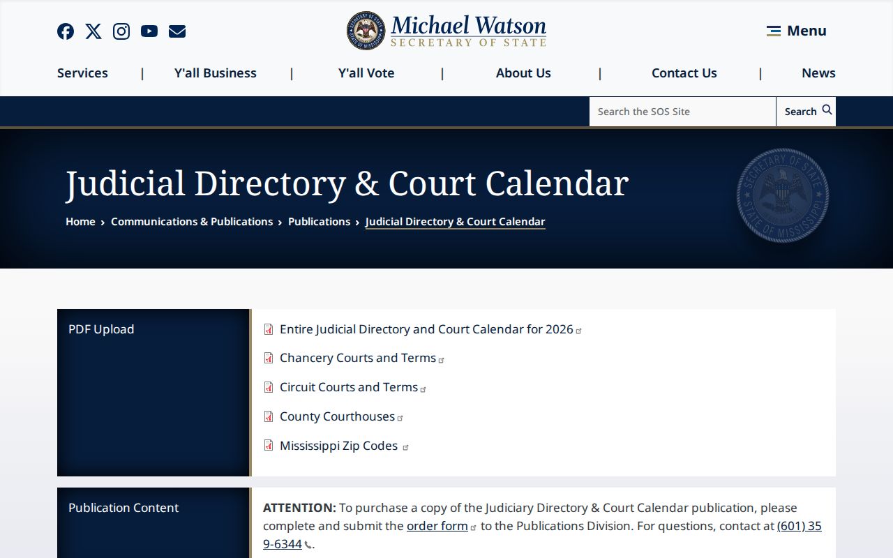 Mississippi judicial directory and court calendar landing page