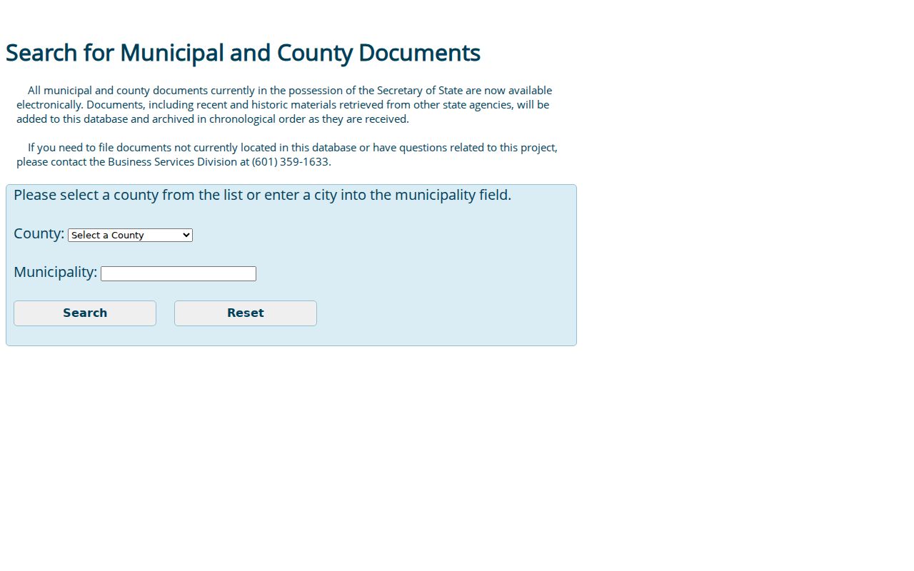 Mississippi Secretary of State municipality search source for Webb municipal contact verification