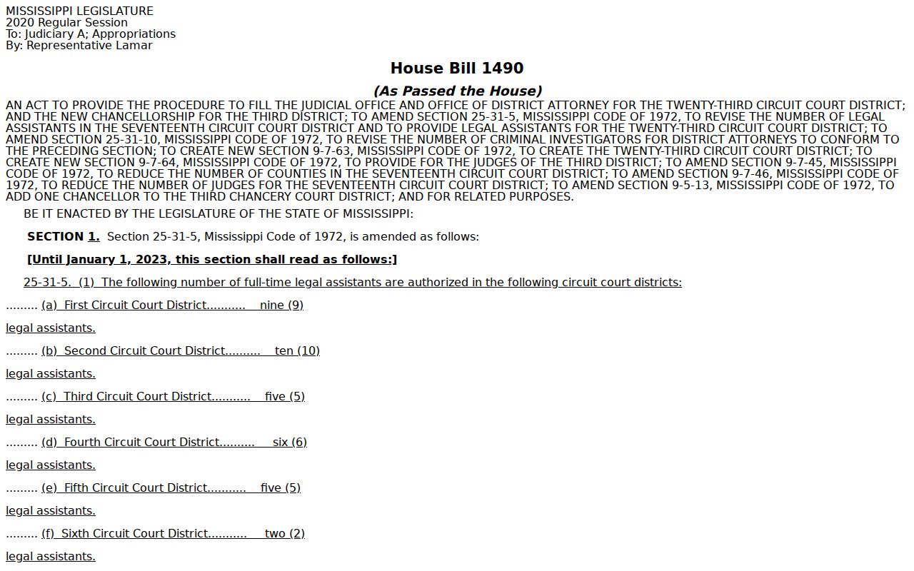 Official Mississippi legislative material used as historical judicial context for Webb court research