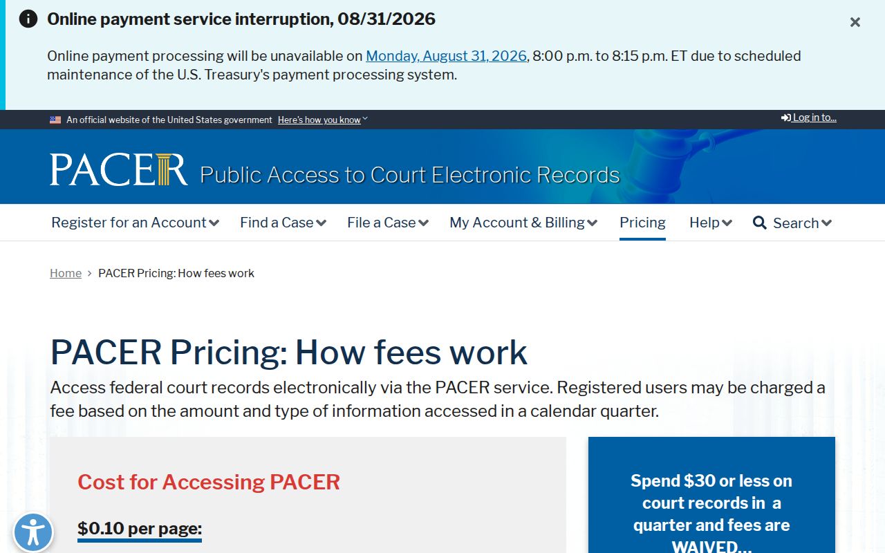 Official PACER pricing information for separate federal court record access